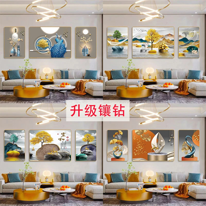 轻奢麋鹿现代简约沙发背景墙挂画山水圆角三联客厅装饰画高档