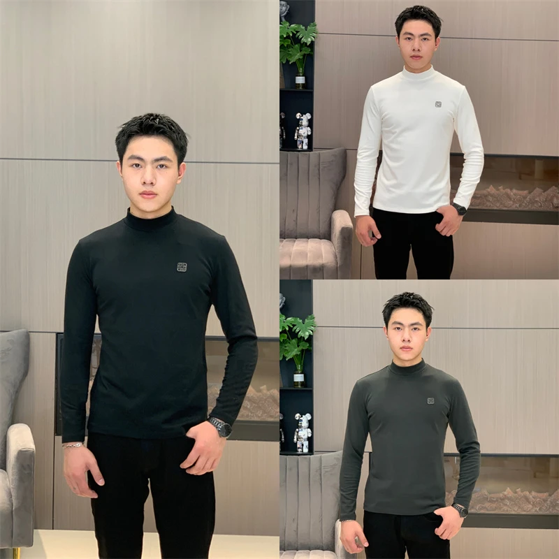 凡瓦男士修身时尚休闲百搭舒适中领弹力打底衫长袖T恤(0597)纯色