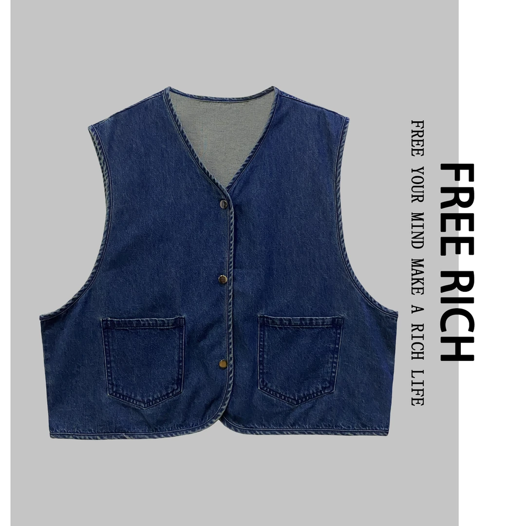 FREE RICH  马甲/大牛复古蓝休闲女装牛仔马甲