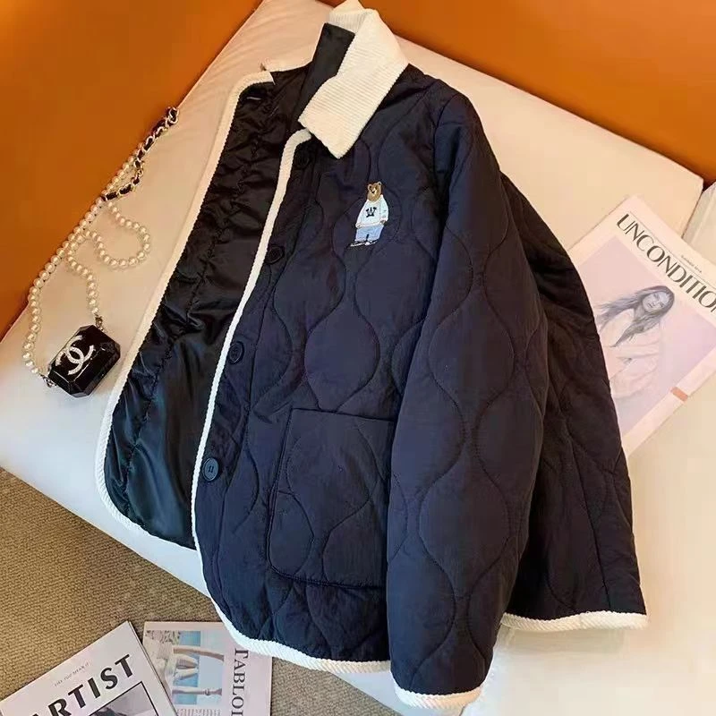 韩版ins刺绣棉服外套保暖秋冬季无性别休闲短款百搭菱格棉衣宽松