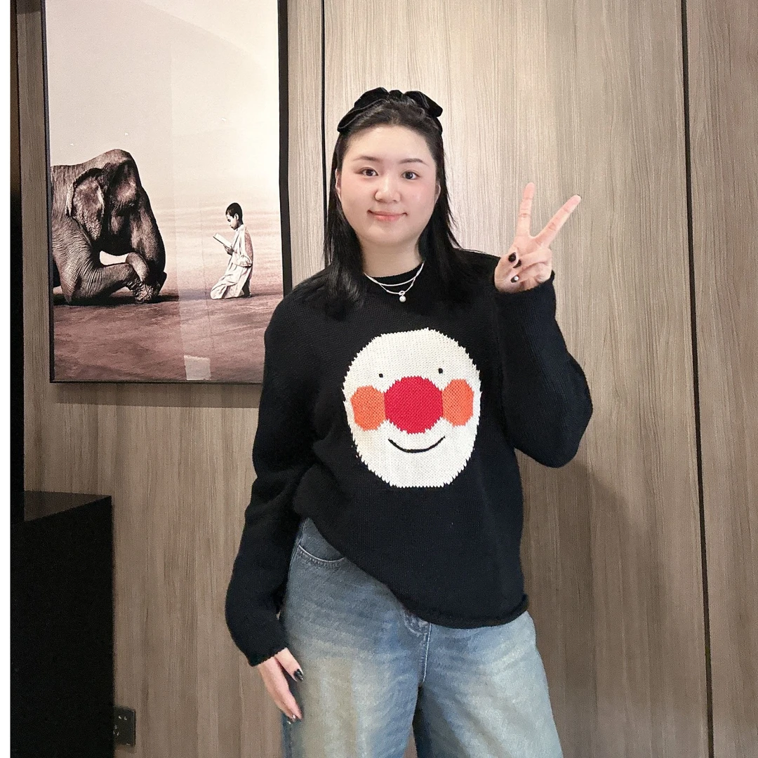 TAOJIA FAMILY 开心笑脸长袖宽松圆领秋冬款提花百搭黑色长袖毛衣