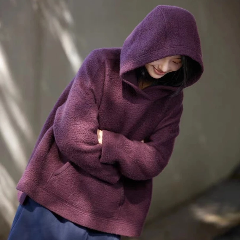 冬款西梅紫摇粒绒休闲时尚百搭女士加厚连帽慵懒风卫衣宽松版纯色