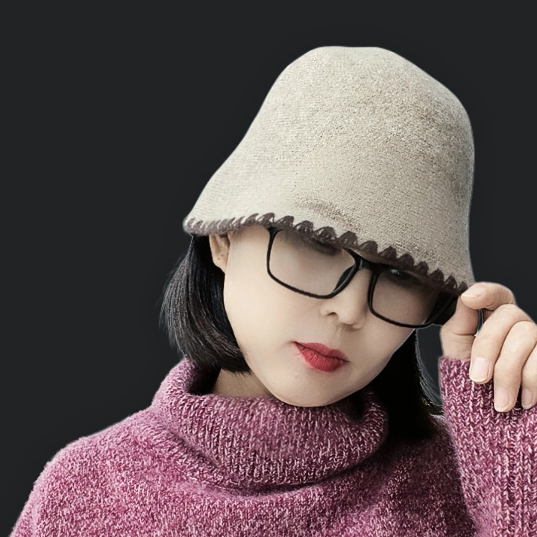 秋冬山羊绒渔夫帽女款双提绣线针织盆帽保暖百搭