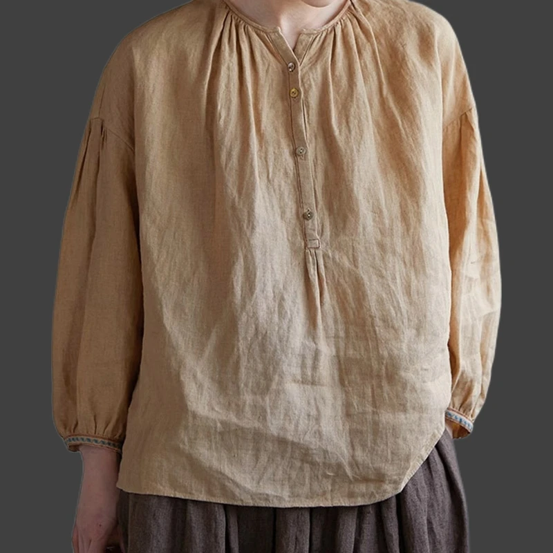 春夏新款亚麻衬衫宽松显瘦减龄百搭套头衫长袖上衣