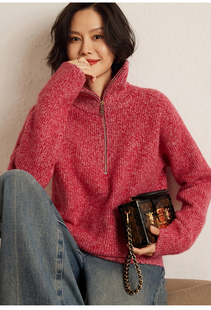 元宝针加厚羊绒衫半拉链高翻领宽松长袖毛衣