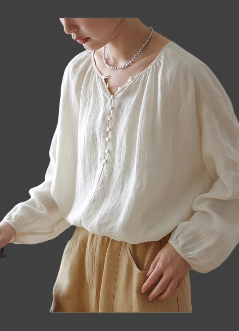 春夏秋薄款长袖上衣衬衫提花肌理砂洗亚麻休闲