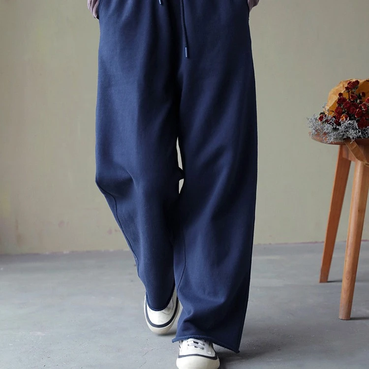 秋冬款旧藏青色超柔软抓绒针织布松紧腰抽绳休闲长裤