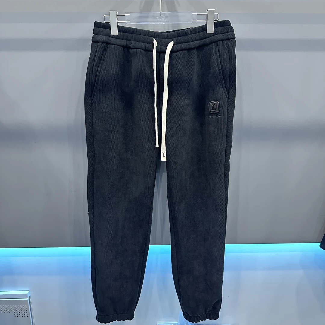 秋冬男裤加绒简约时尚灯芯绒男裤百搭纯黑弹力宽松保暖束脚休闲裤