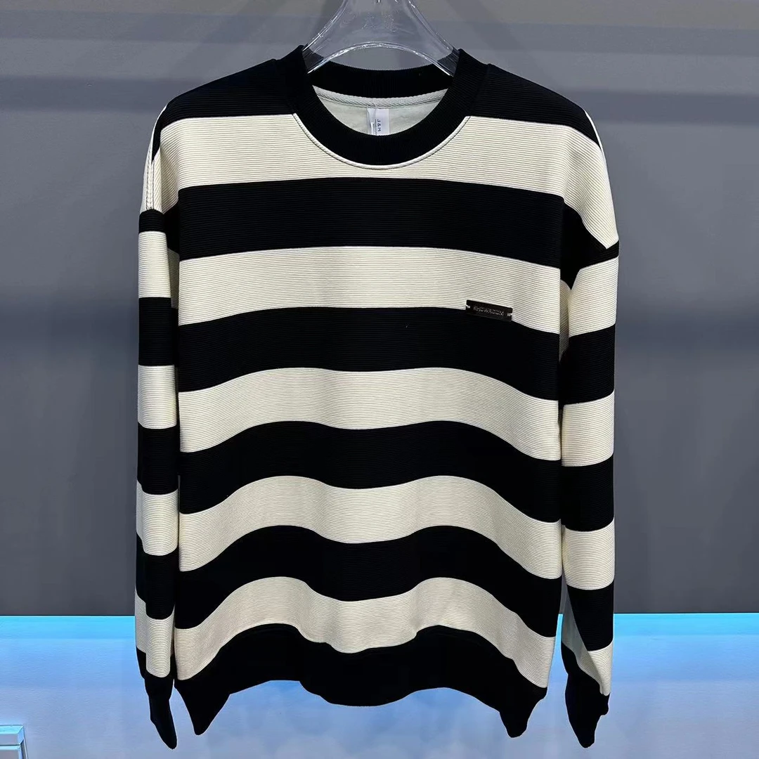 男秋款上衣情侣卫衣简约休闲百搭条纹圆领套头加大宽松加绒保暖