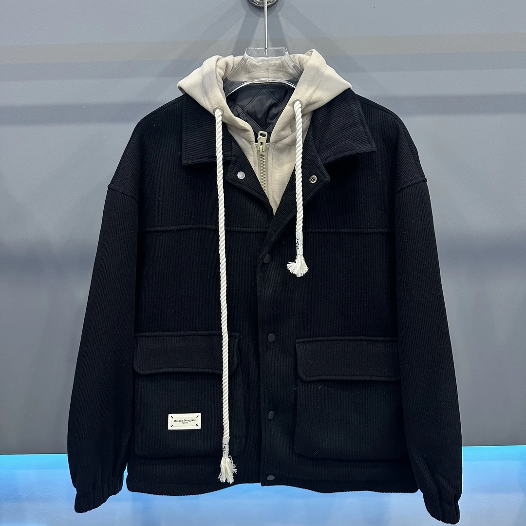 男装百搭拼接秋季男士时尚潮流保暖简约连帽翻领短款宽松休闲加厚