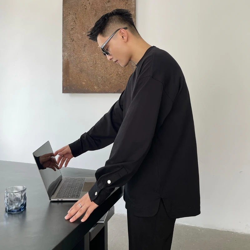 二十二号穿搭【100%新疆长绒棉】纽扣设计款纯色长袖卫衣男士打底衫