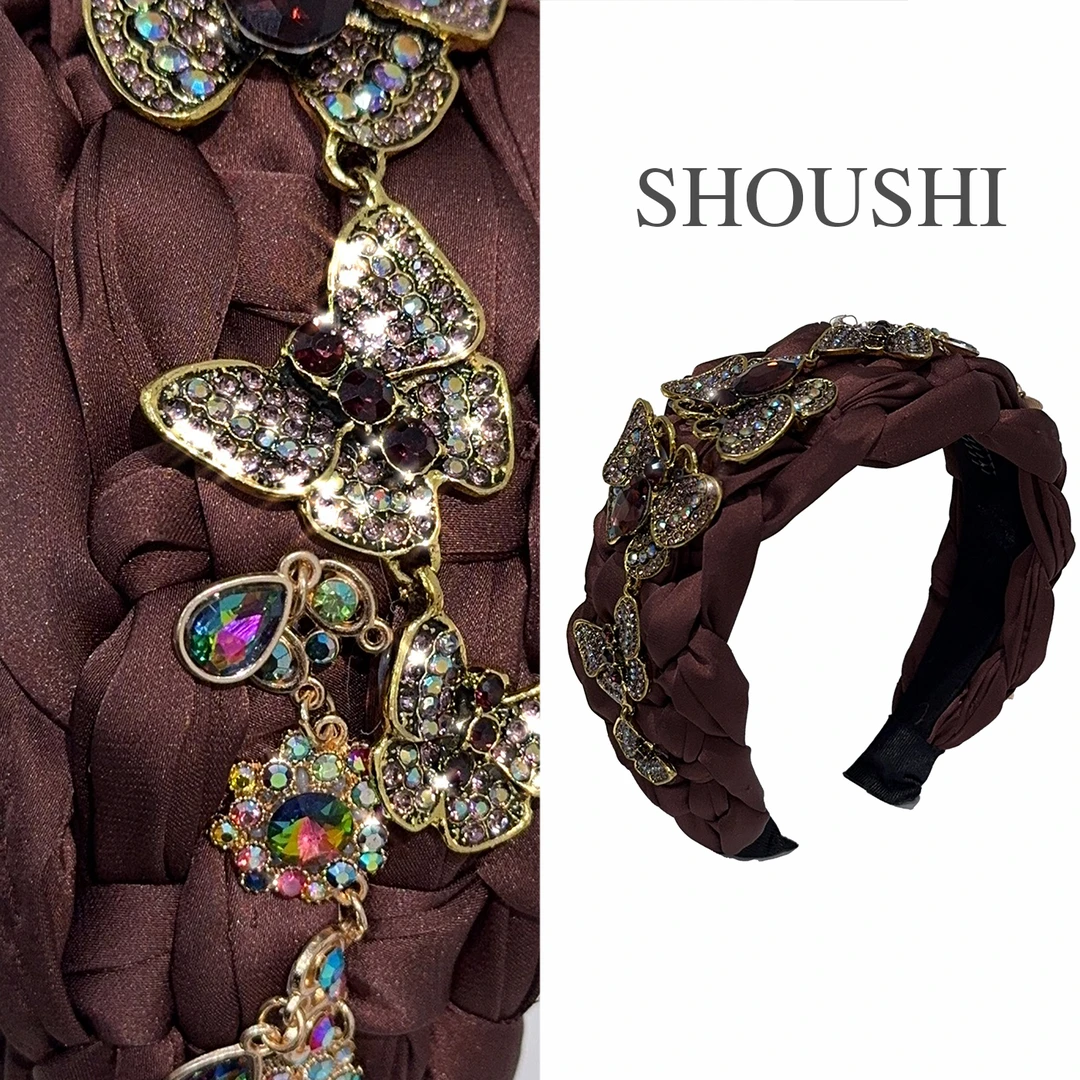 首仕【双生蝶语】原创设计手工蝴蝶水晶镶钻轻奢法式宽边发箍 6265