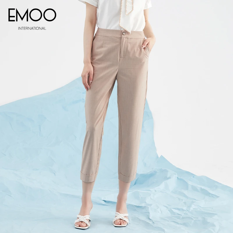 EMOO/杨门卡其色夏季高腰显瘦时尚通勤舒适七分裤弹力E22B283601