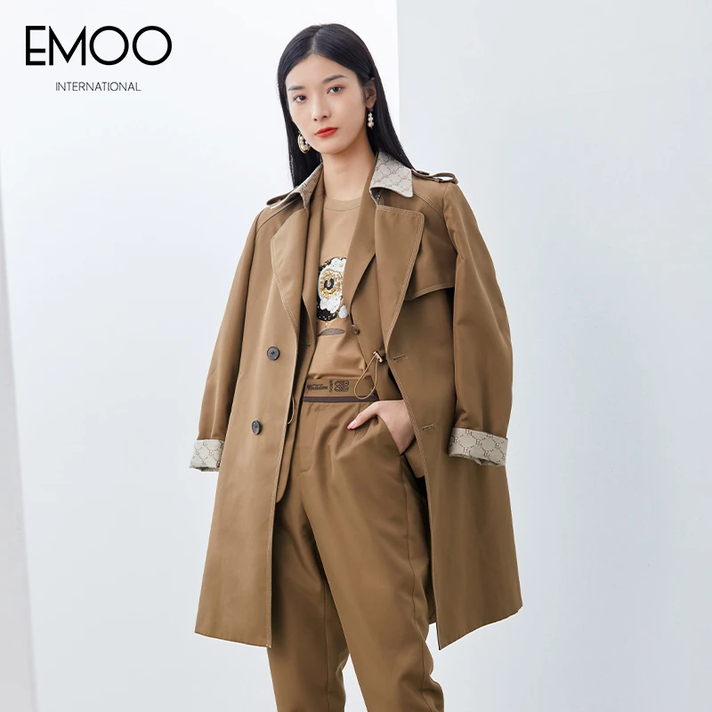 EMOO/杨门时尚气质收腰拼接咖啡长袖长风衣(附腰带)E12F033006