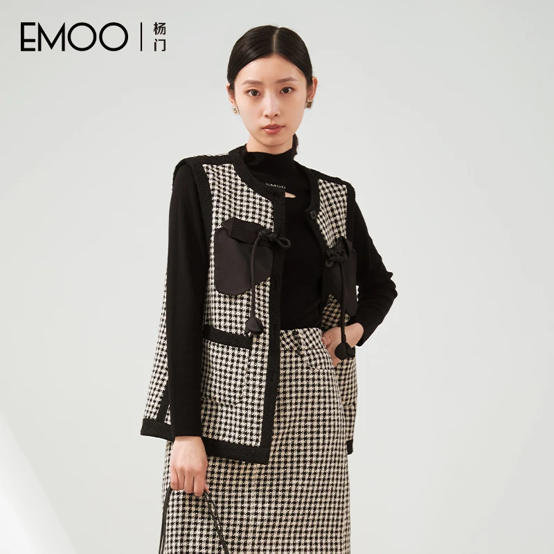 EMOO/杨门格纹马甲女黑色千鸟格无袖外套小香风黑白E33M103472