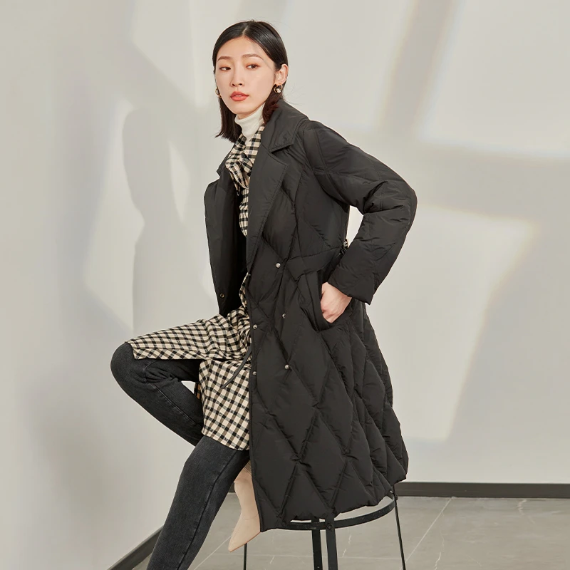 EMOO/杨门中长款羽绒服女黑色外套白鸭绒2023冬装新款E42Y039071