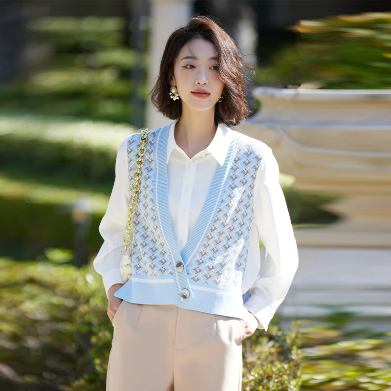 EMOO/杨门假两件套衬衫女长袖2024春季拼接衬衣通勤风E13H013298