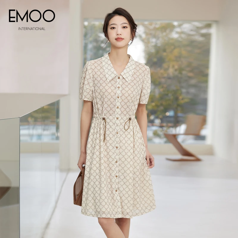 EMOO/杨门女装连衣裙气质时尚收腰法式裙短袖复古裙E23L022397