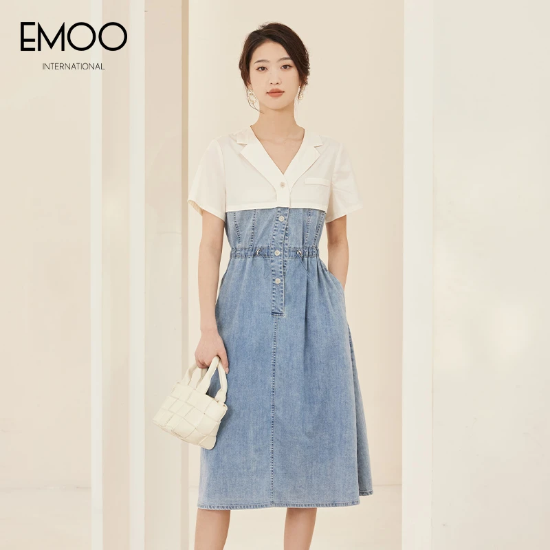 EMOO/杨门2024夏季女装连衣裙气质短袖牛仔拼接连衣裙E23L024259