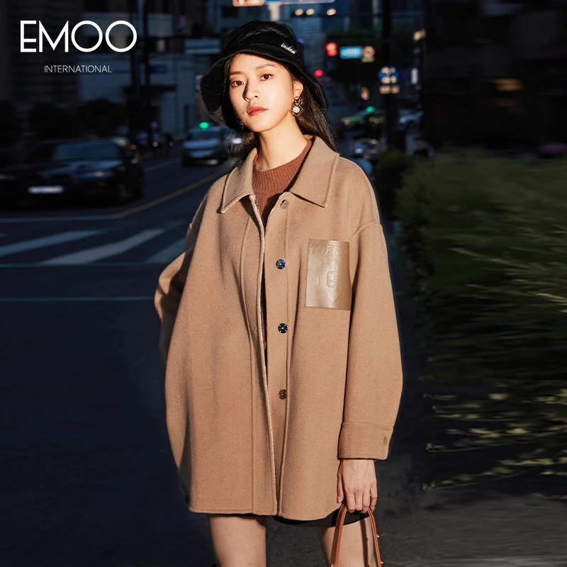 EMOO/杨门双面长款中长款秋冬双面呢驼色长袖中长大衣E41D017060