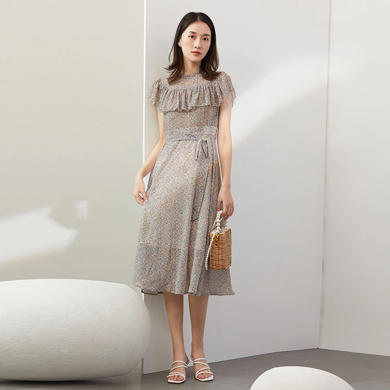 EMOO/杨门女装连衣裙短袖中长款2024夏季新款复古E23L023410