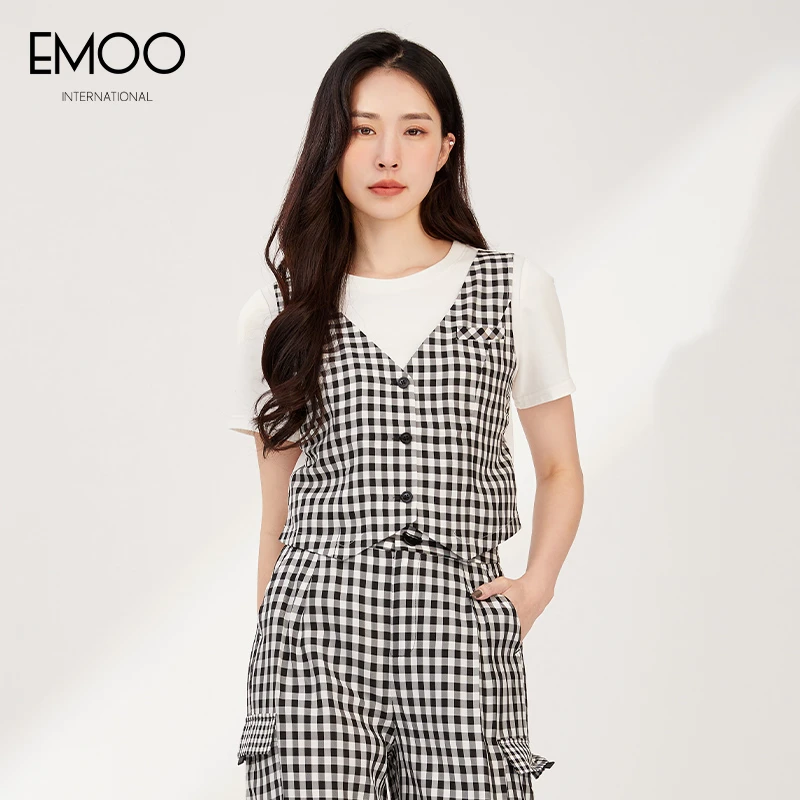 EMOO/杨门格子衬衫女黑白格子套头衫2024夏季新款上衣E23T022036