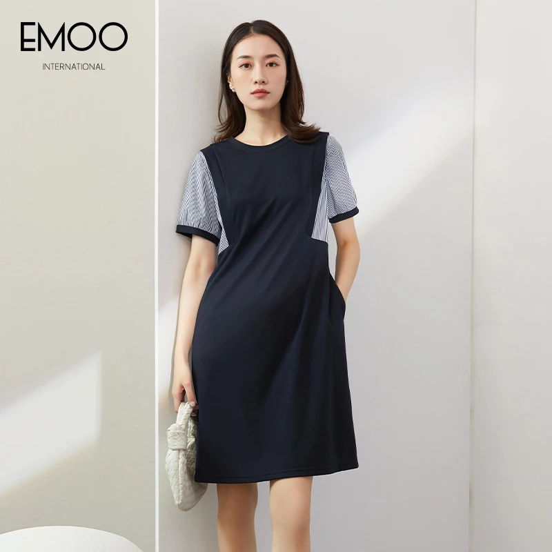 EMOO/杨门宽松连衣裙短袖2024夏季新款圆领拼接裙E23L022359