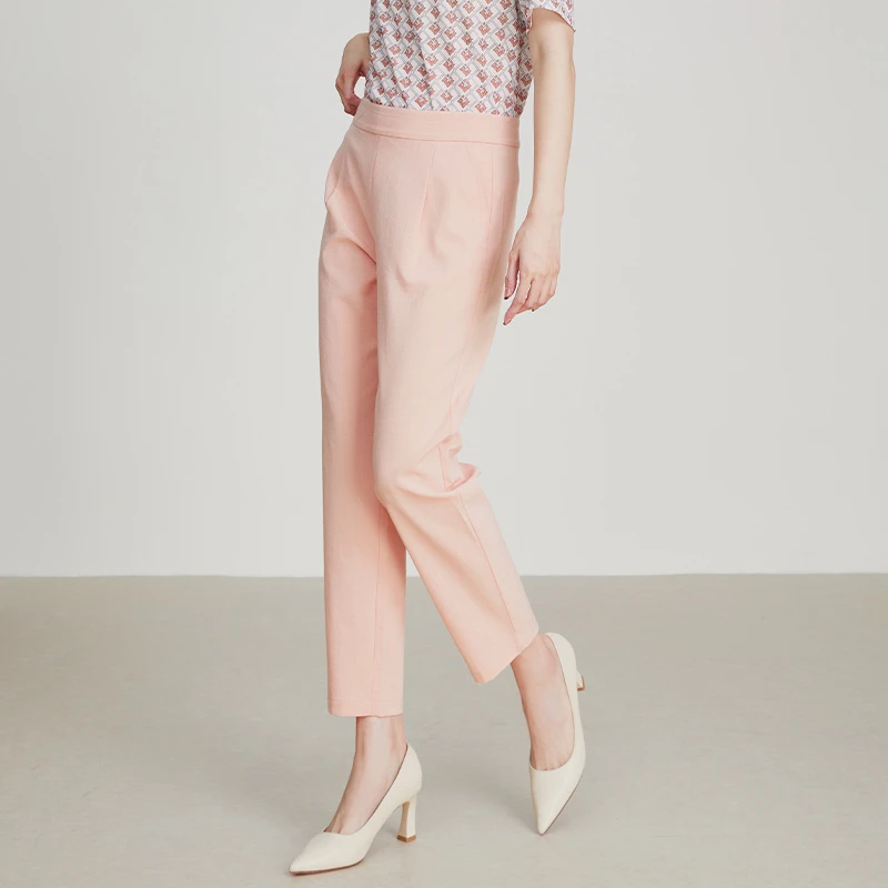 EMOO/杨门高腰纯色休闲裤女桔色2024春季新款通勤长裤E13B073492
