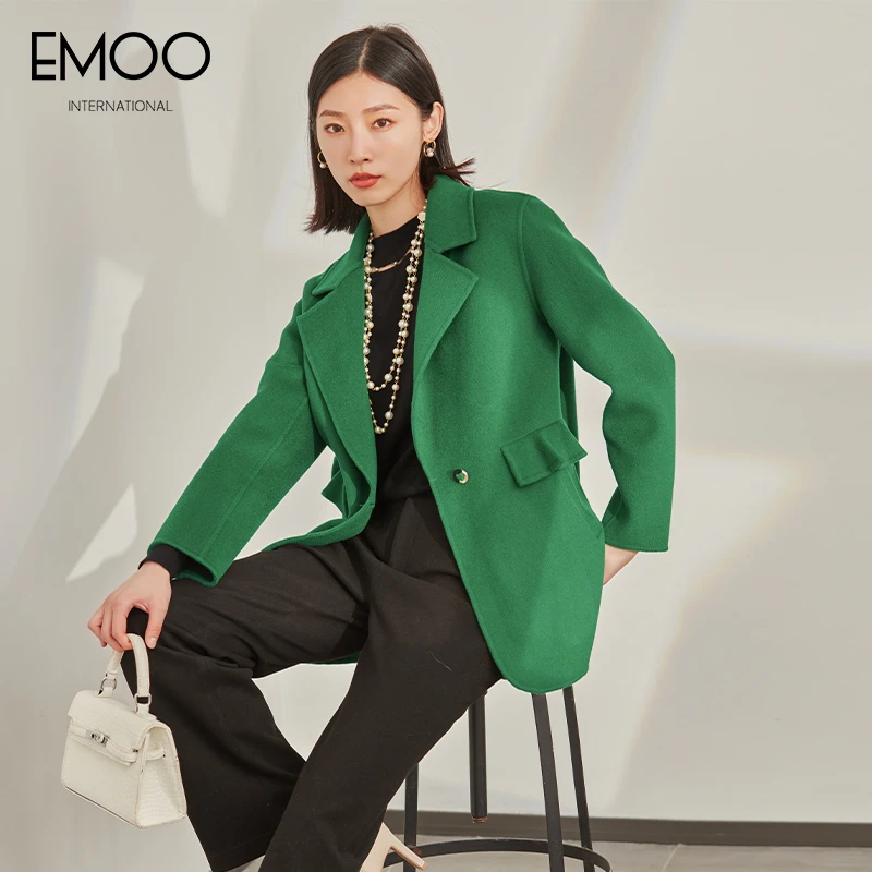 EMOO杨门2023冬装新款毛呢外套女绿色时尚西装领大衣E42D017146