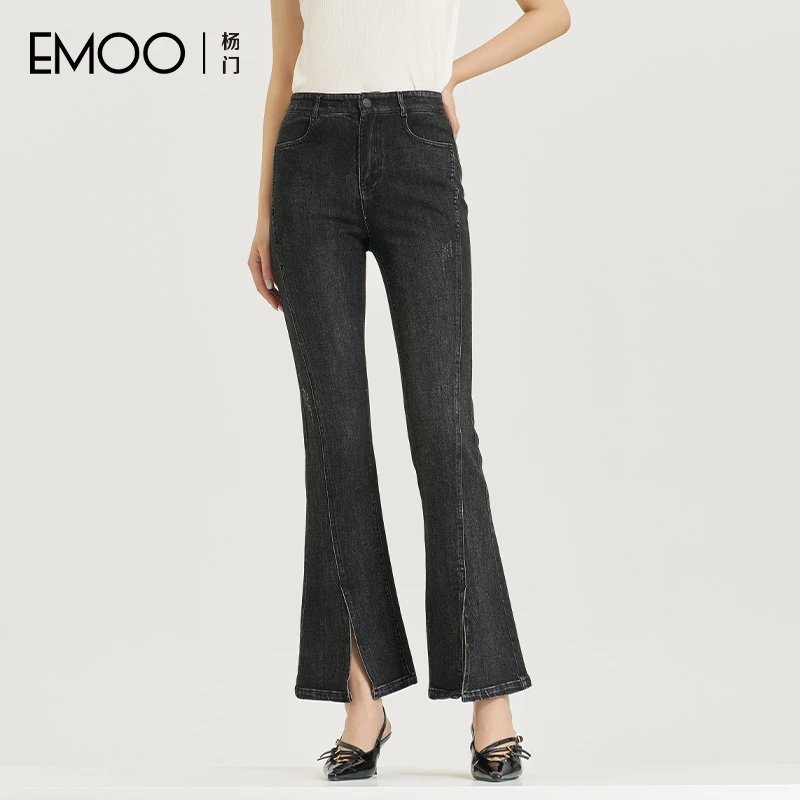 EMOO/杨门开叉高腰牛仔裤女喇叭裤2024秋季新款长裤E33B304214