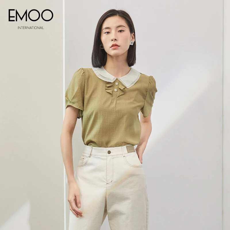 EMOO/杨门短袖上衣女绿色时尚夏季翻领设计感套头衬衫E23T023124