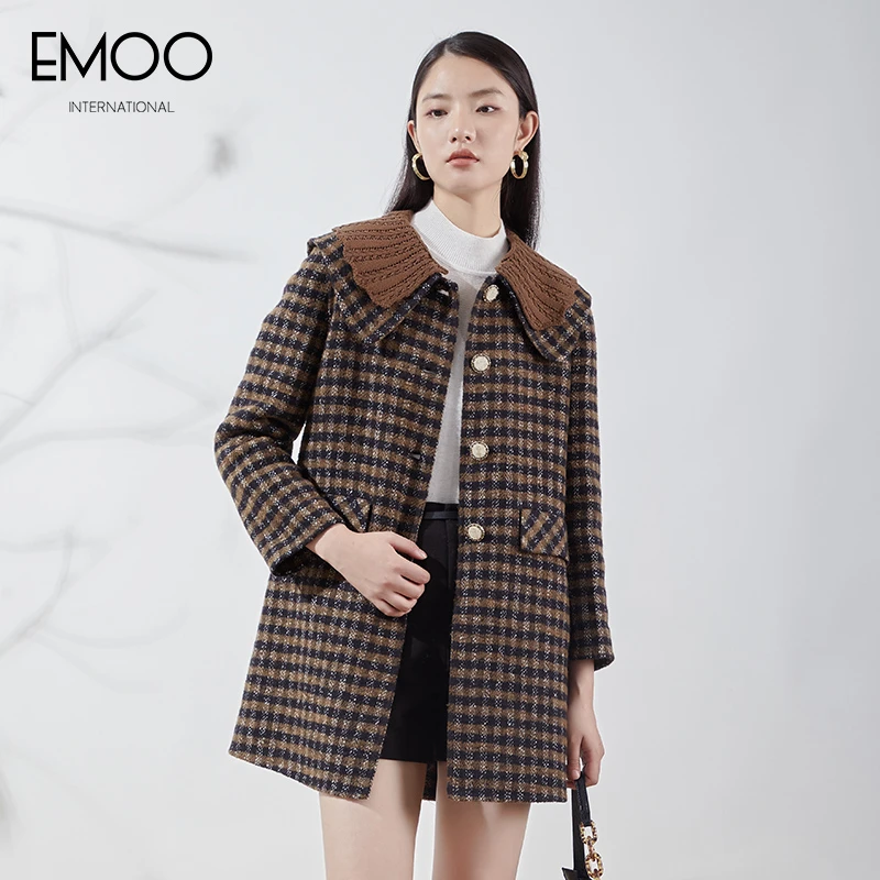 EMOO/杨门丹麦棕格纹长袖中长大衣女装外套格子气质E41D017183