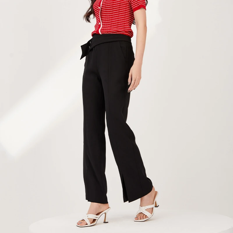 EMOO/杨门微喇阔腿裤高腰女士时尚夏季黑色长裤修身E23B303071