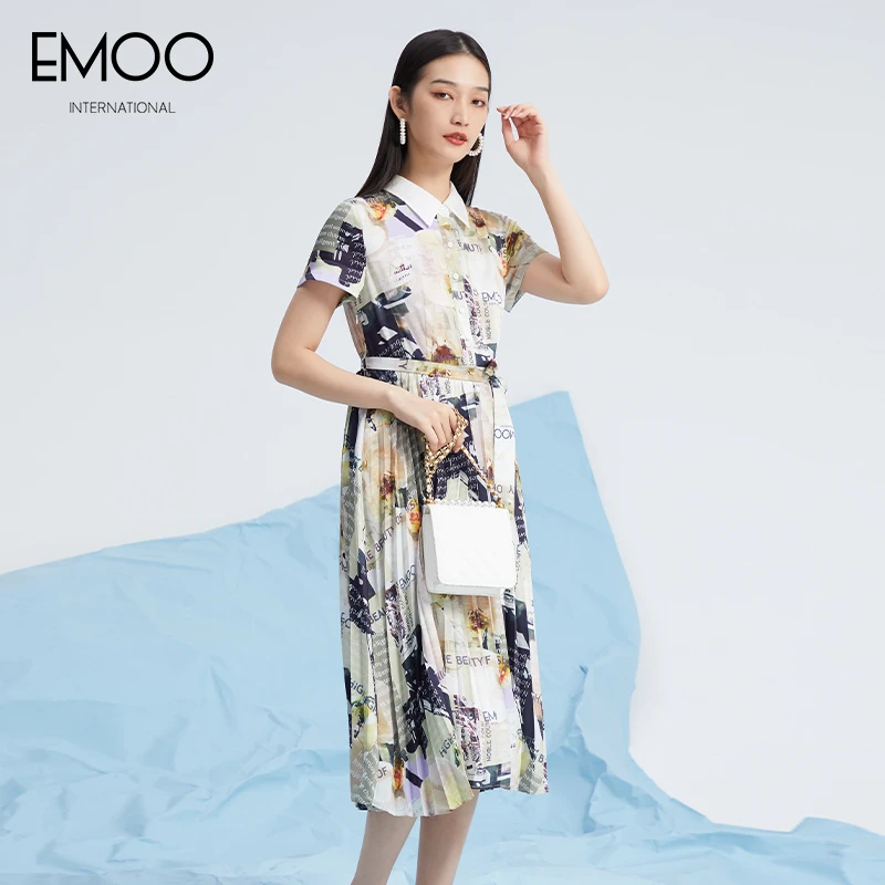 EMOO/杨门花纹短袖连衣裙夏季时尚印花气质长裙显瘦E22L023430