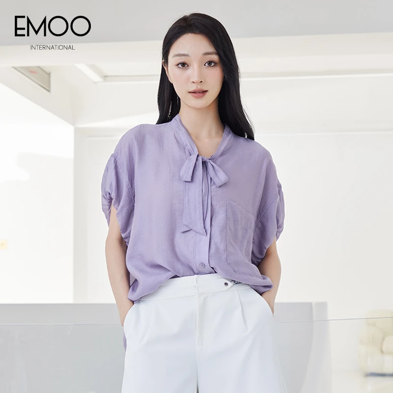EMOO/杨门落肩款短袖衬衫女2024夏季紫色系带领衬衣E23H033428