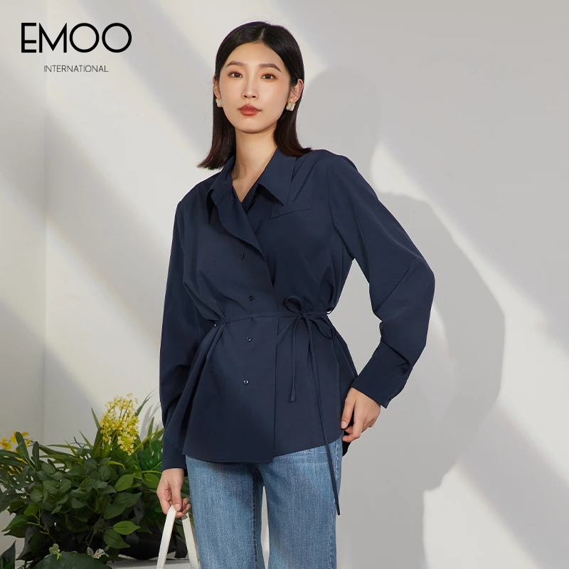 EMOO/杨门衬衫女长袖蓝色通勤翻领女士春季收腰系带E13H013395