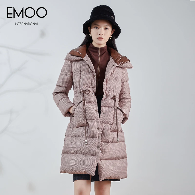 EMOO/杨门云染千鸟格长袖长羽绒服时尚保暖冬季中长款E41Y039420