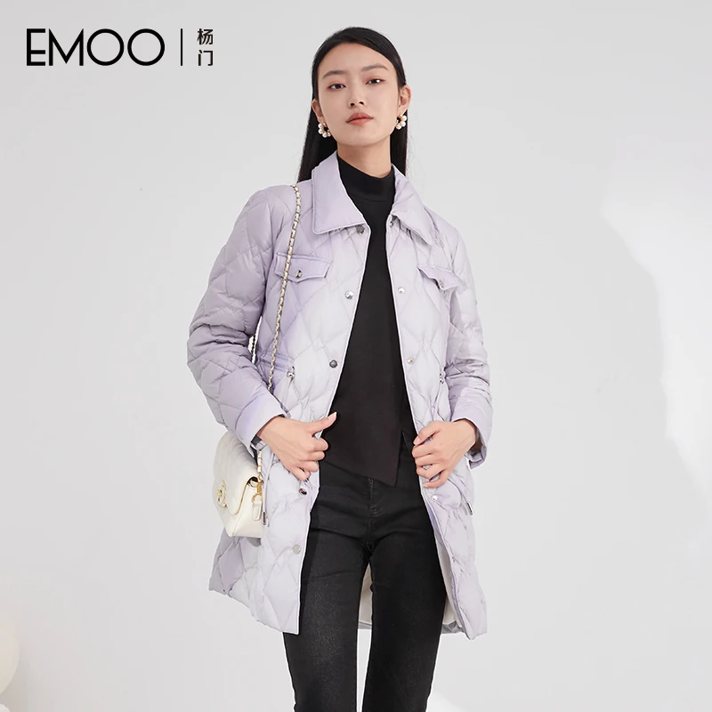 EMOO/杨门中长款羽绒服女直筒衬衫领轻薄白鸭绒外套E43Y019260