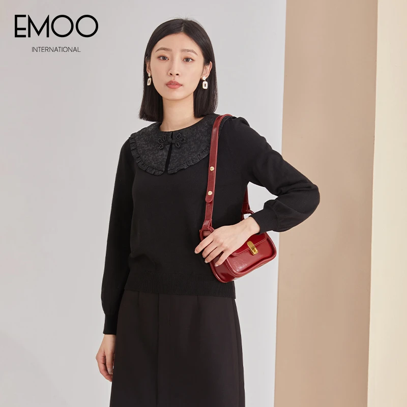 EMOO/杨门秋新款黑色长袖时尚优雅纯色大气圆领套头衫E32T012331