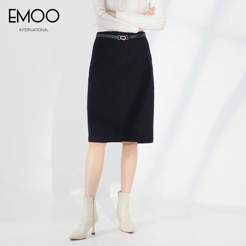 EMOO/杨门显瘦气质高腰时尚秋冬中长款呢料黑色半身裙E41C022306