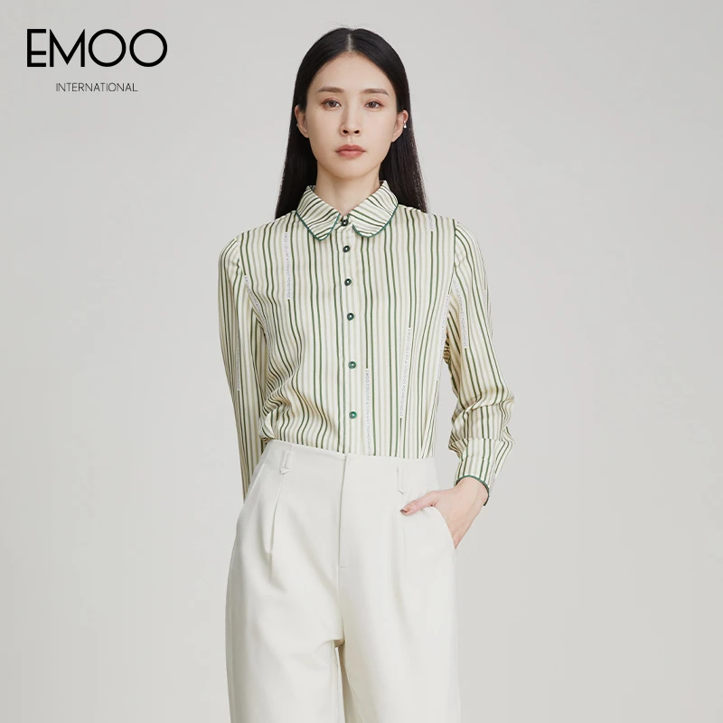 EMOO/杨门条纹单排扣长袖衬衫女2024春季新款绿色衬衣E13H013123