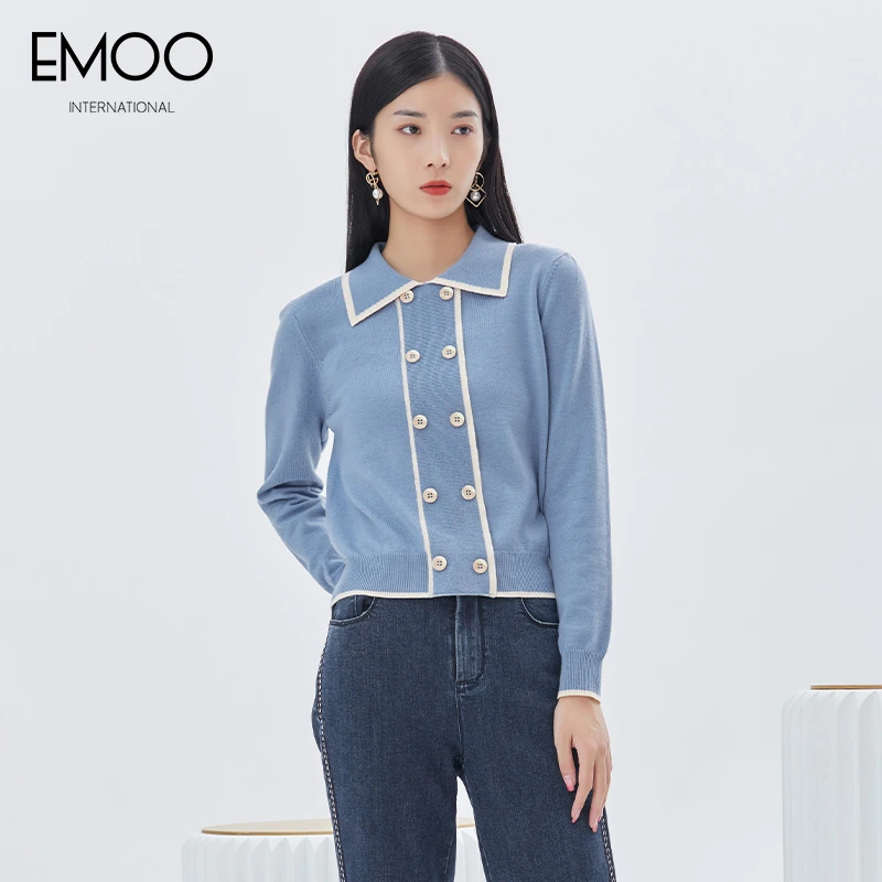 EMOO/杨门蓝色长袖女士小香风ol气质翻领短款套头毛衫E12A011449