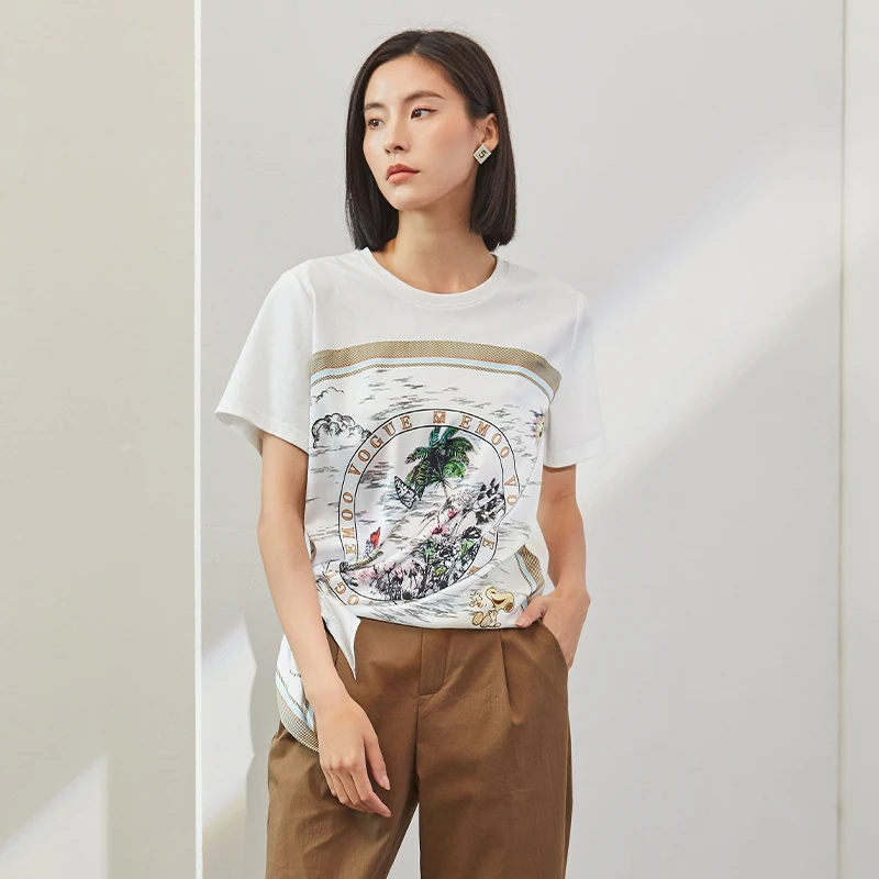 EMOO/杨门白色T恤女圆领夏季套头上衣直筒印花宽松E23T022395
