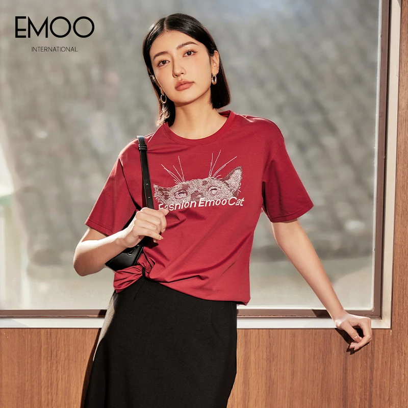 EMOO/杨门t恤女休闲印花百搭半袖红色套头上衣2024秋装E33X022045