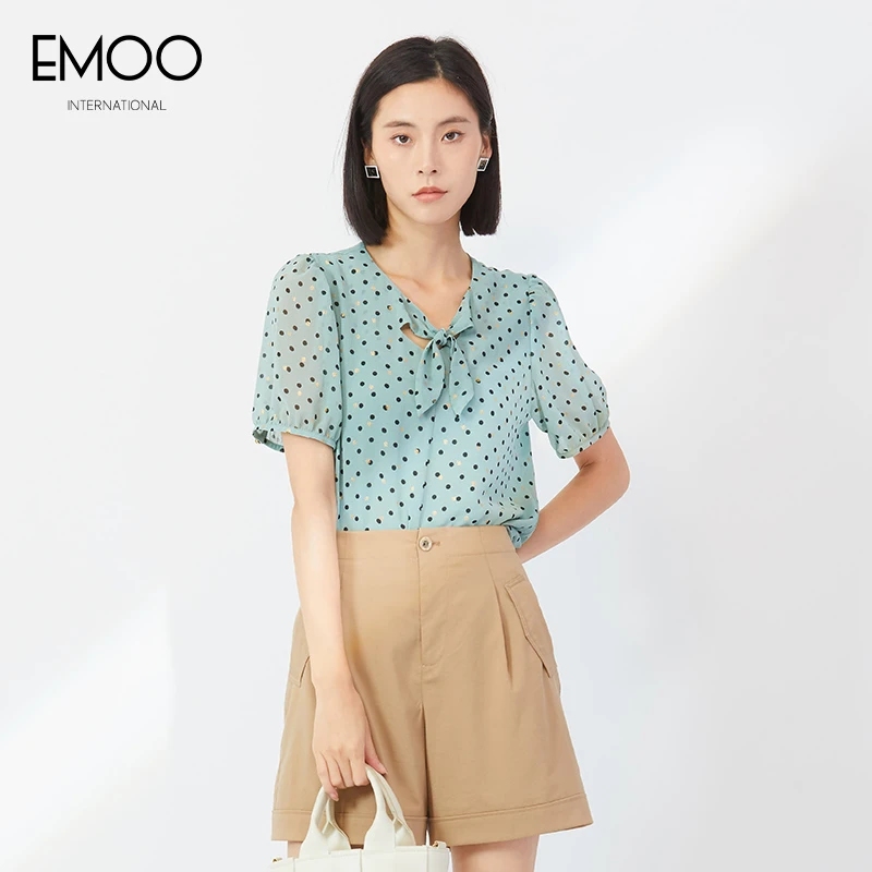 EMOO/杨门短袖波点衬衫女2024夏季新款雪纺衫夏装衬衣E23T023306