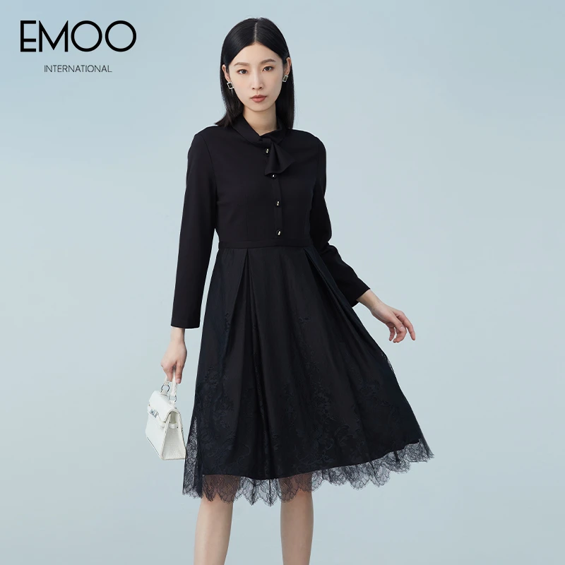 EMOO/杨门春季针织气质中长款长裙a字纯色秋黑色连衣裙E12L033115