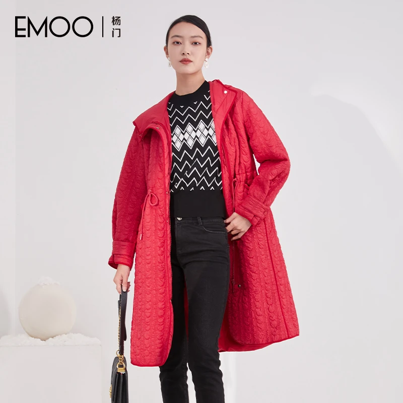 EMOO/杨门中长款连帽棉衣轻薄款棉服红色外套拉链开衫E43E038041