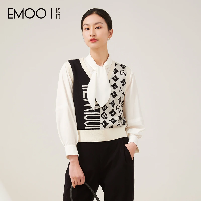EMOO/杨门秋季针织背心女V领套头砍肩毛衣马甲提花E33A181346