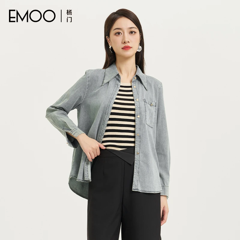EMOO/杨门牛仔衬衫女长袖上衣2024秋新款衬衣休闲E33H014337