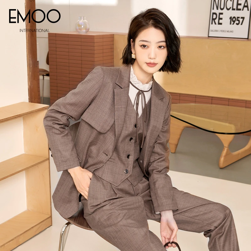 EMOO/杨门春新款棕条纹长袖西服时尚气质女神范职业E32S013114
